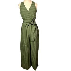 Flying Tomato Jumpsuit Women's M Green Striped Belted Cross Cutout Back V-Neck